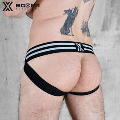 BOXER - Jockstrap de cuero con cremallera BXR - Negro/Blanco 