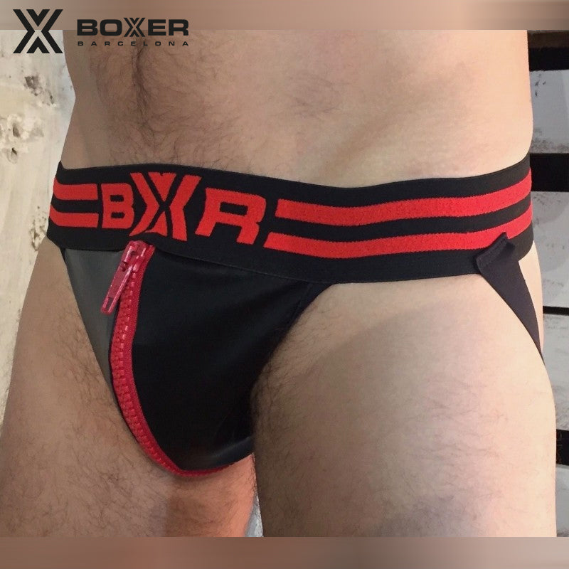 BOXER - Sexy Jock - Suspensorio de polipiel con CREMALLERA GRANDE - Negro/Rojo 