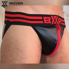 BOXER - Sexy Jock - Suspensorio de polipiel con CREMALLERA GRANDE - Negro/Rojo 