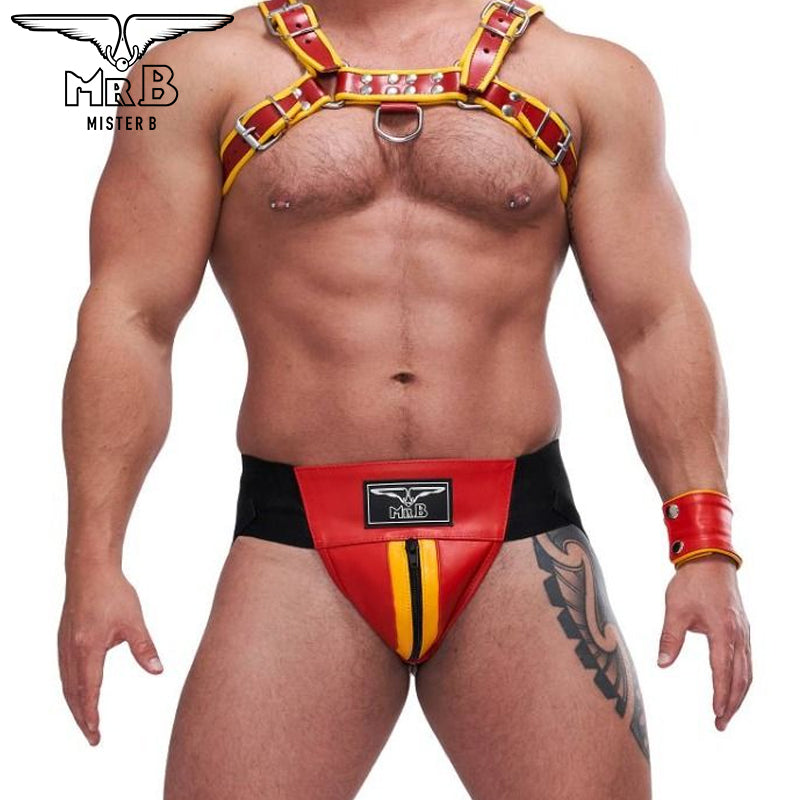 Mister B - Circuit Jockstrap cuero rojo-amarillo