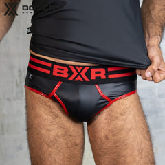 BOXER - Calzoncillos de cuero sintético con parte delantera en Y sexy - Negro/Rojo 