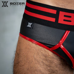 BOXER - Calzoncillos de cuero sintético con parte delantera en Y sexy - Negro/Rojo 