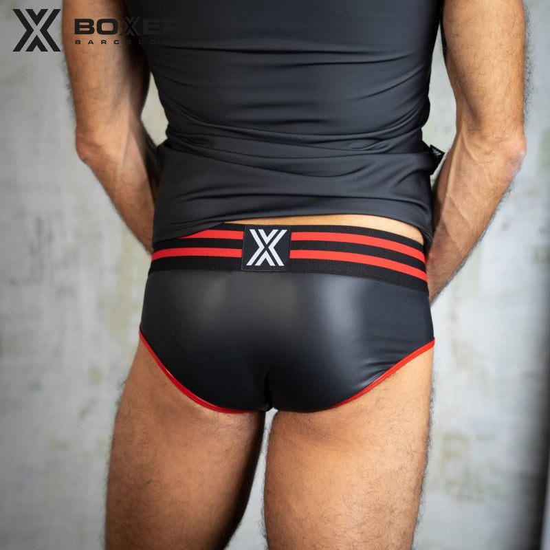 BOXER - Calzoncillos de cuero sintético con parte delantera en Y sexy - Negro/Rojo 