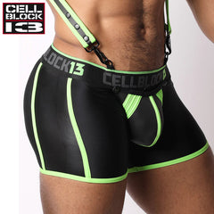 CELLBLOCK 13 - Calzoncillos tipo bóxer de neopreno con cremallera de barra alta, bolsa extraíble y anillo para el pene - Verde