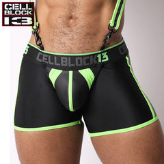 CELLBLOCK 13 - Calzoncillos tipo bóxer de neopreno con cremallera de barra alta, bolsa extraíble y anillo para el pene - Verde