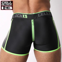 CELLBLOCK 13 - Calzoncillos tipo bóxer de neopreno con cremallera de barra alta, bolsa extraíble y anillo para el pene - Verde