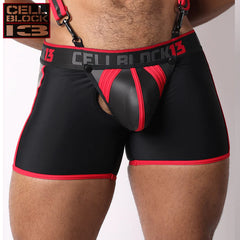 CELLBLOCK 13 - Bóxer de neopreno con cremallera de barra alta, bolsa extraíble y anillo para el pene - Rojo