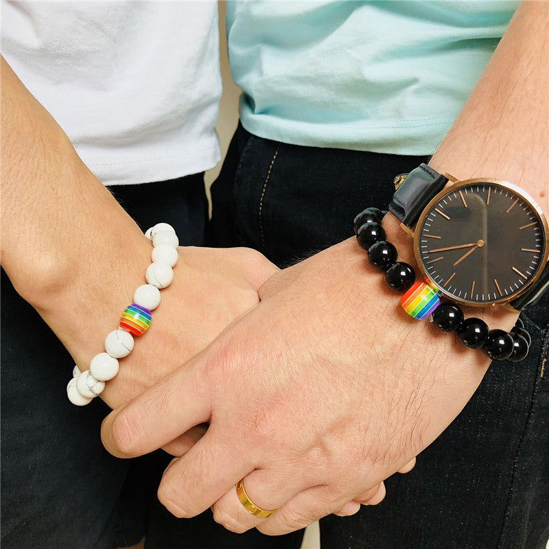 Pulsera de cuentas Pride Rainbow con piedra natural negra grande