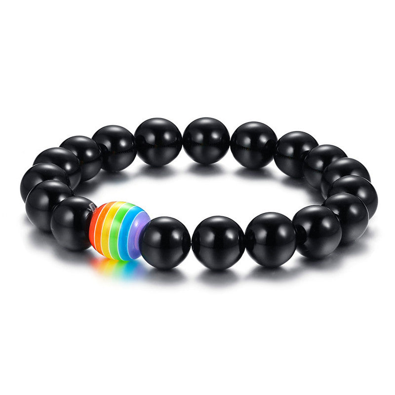 Pulsera de cuentas Pride Rainbow con piedra natural negra grande